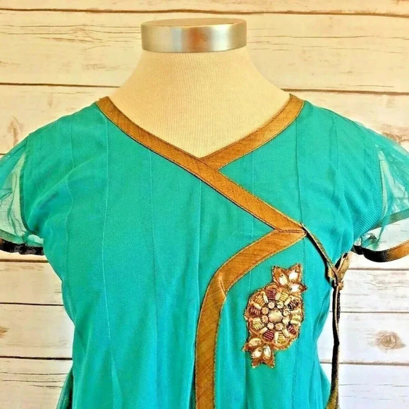 Women Short Sleeve Fully Lined Knee Length Beaded Traditional Green Dress Small - Picture 10 of 13